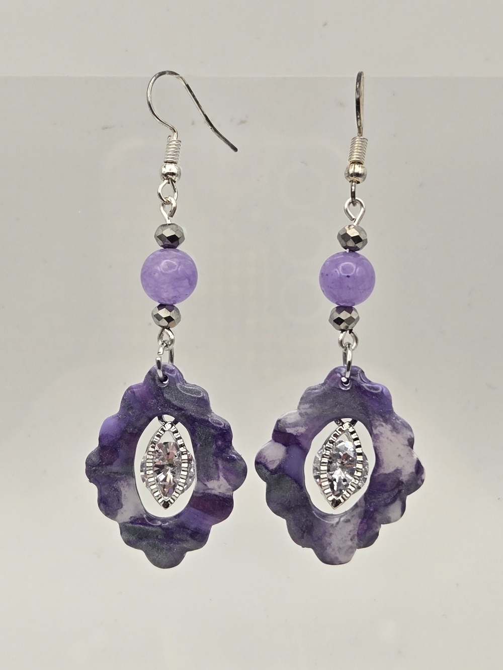 Purple Drop Earrings with Crystal Marquise Accent - Jade Beads
